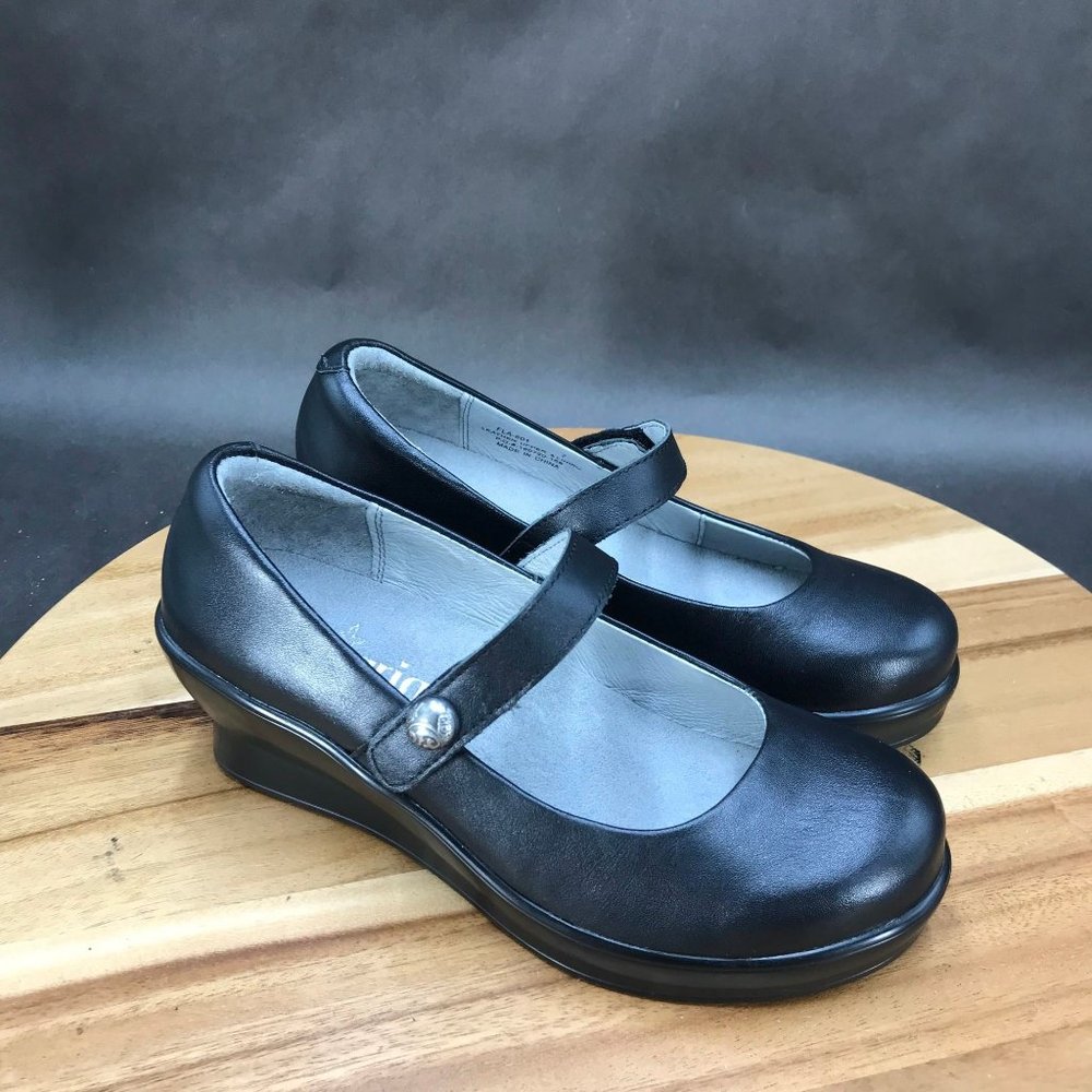 Alegria Flair Black Nappa Leather Mary Jane Wedge Pumps Heels Womens Size 7